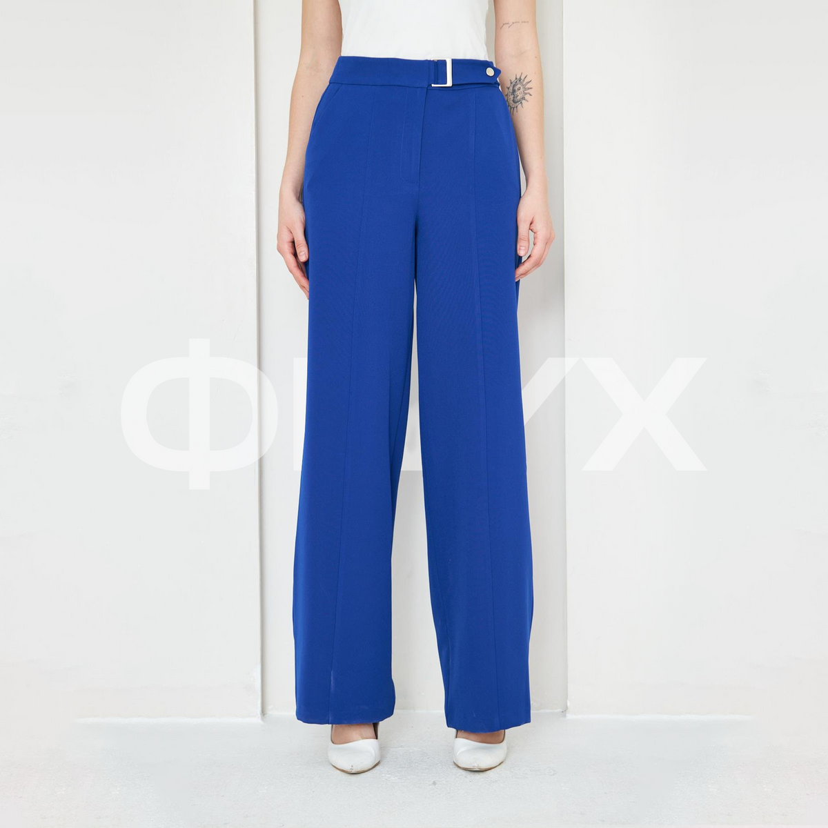ФNYX Damen-Hose mit Schnallendetail und weitem Bein – Palazzo-Hose mit hohem Bund (Saks Blau)