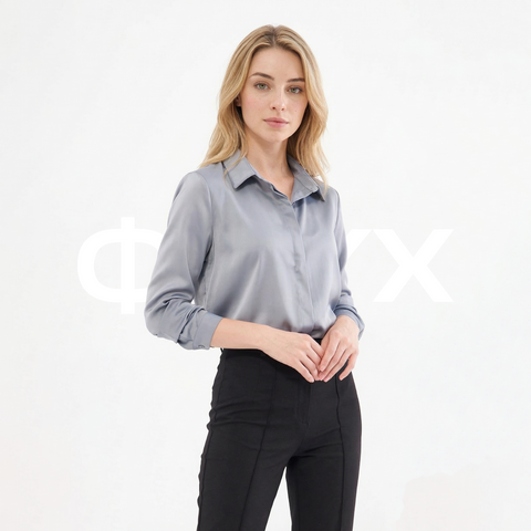 ФNYX Women’s Classic Satin Shirt – Long Sleeve Grey Blouse