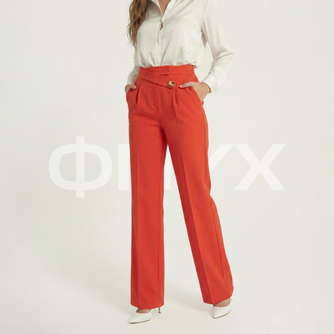 ФNYX Women’s Square Button Wide-Leg Pants – High-Waist Brick Red Trousers