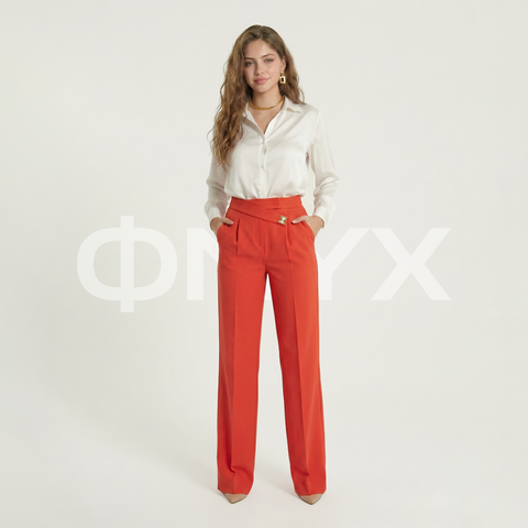 ФNYX Women’s Square Button Wide-Leg Pants – High-Waist Brick Red Trousers