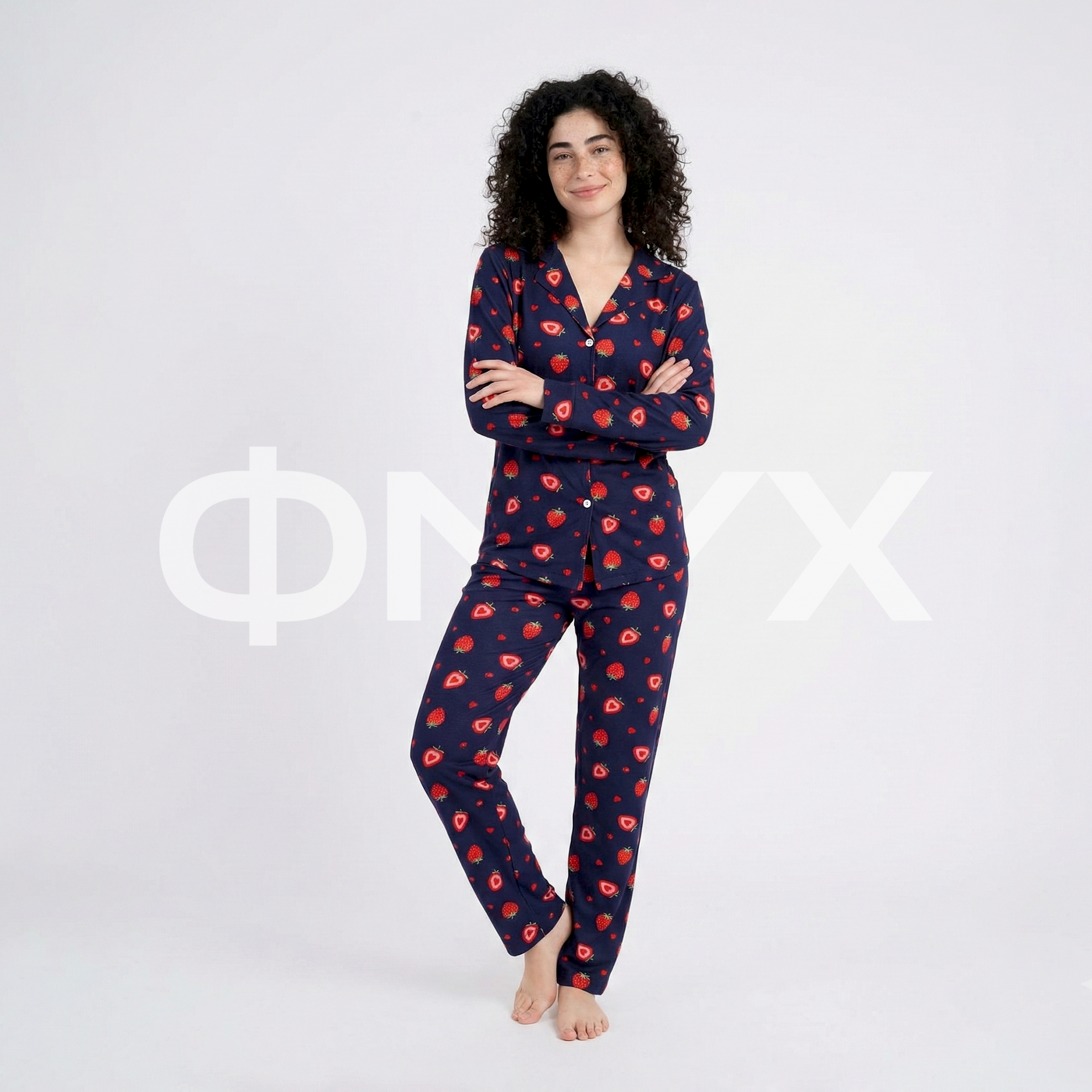 ФNYX Women’s Pajama Set S–XXL – Navy Blue Strawberry & Heart Print