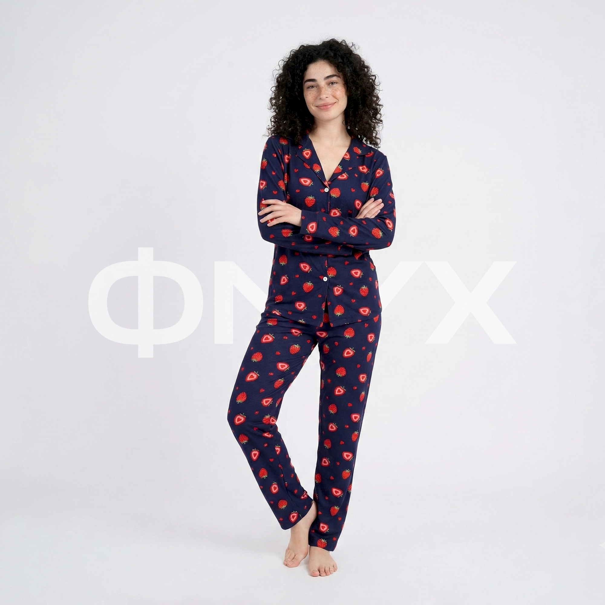 ФNYX Women’s Pajama Set S–XXL – Navy Blue Strawberry & Heart Print