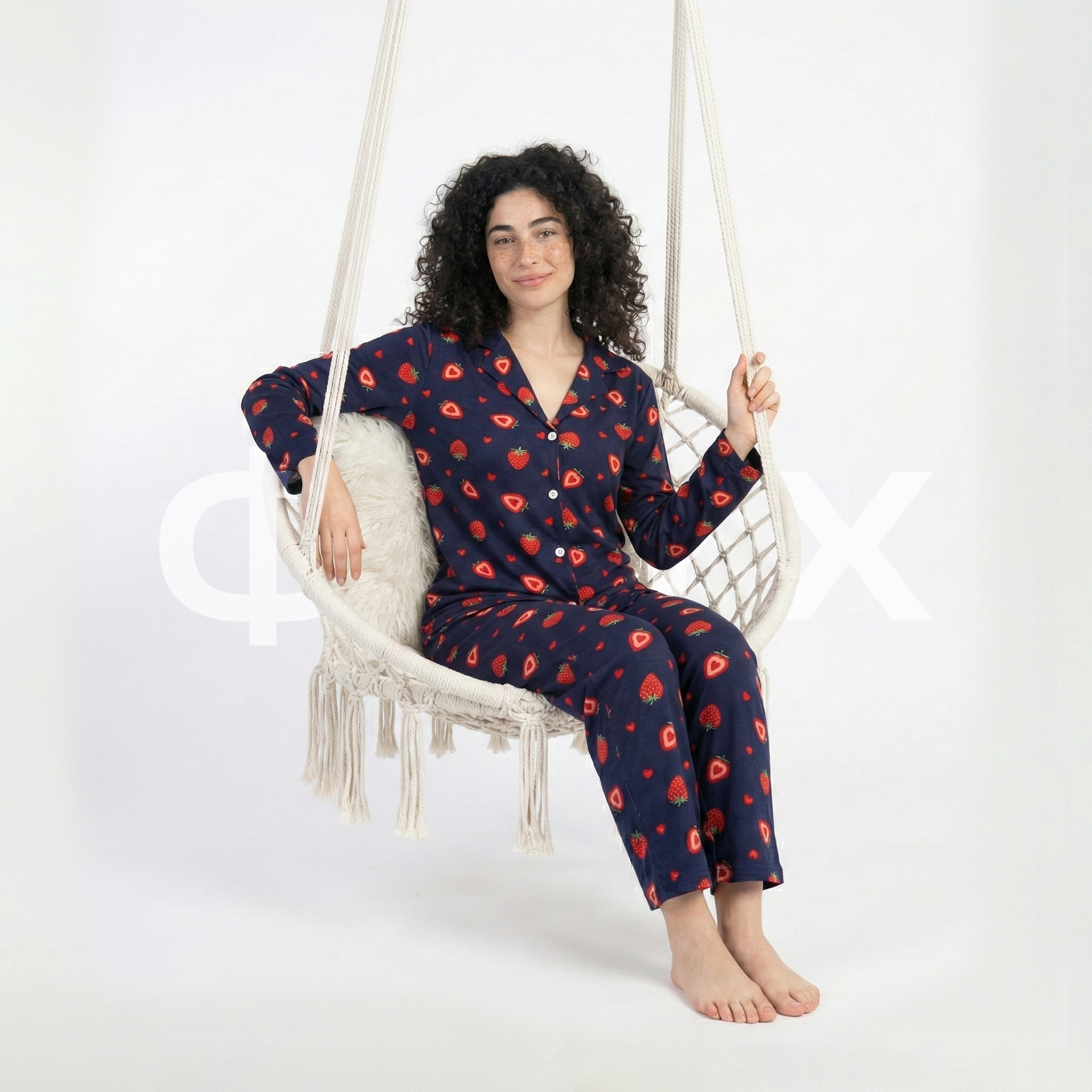 ФNYX Women’s Pajama Set S–XXL – Navy Blue Strawberry & Heart Print