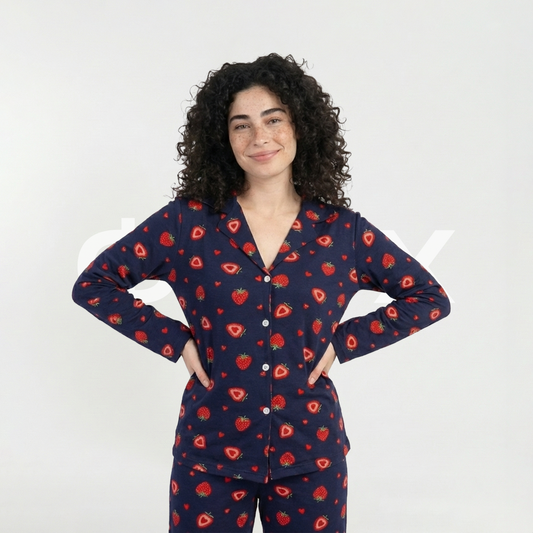 ФNYX Women’s Pajama Set S–XXL – Navy Blue Strawberry & Heart Print
