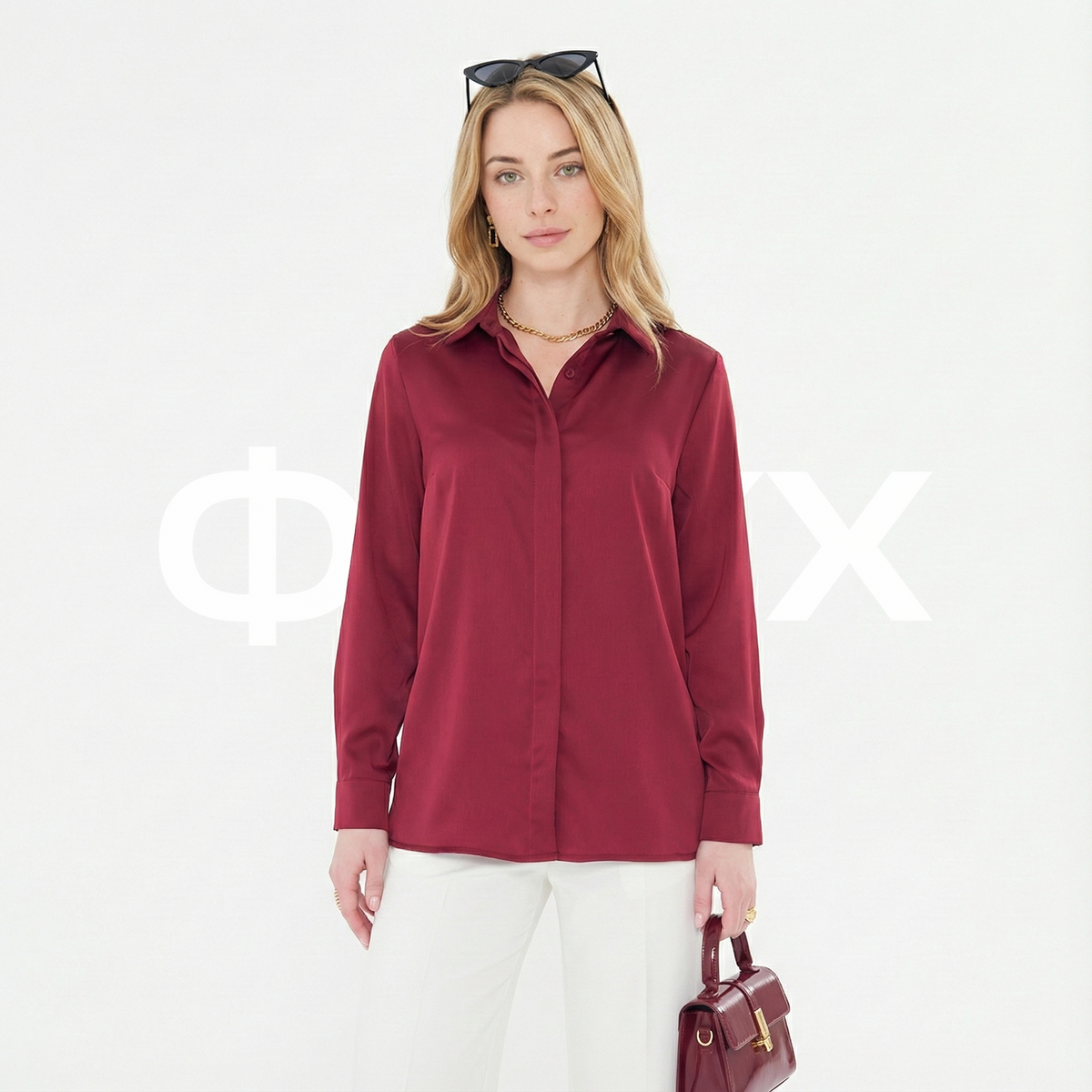 ФNYX Women’s Classic Satin Shirt – Long Sleeve Burgundy Blouse