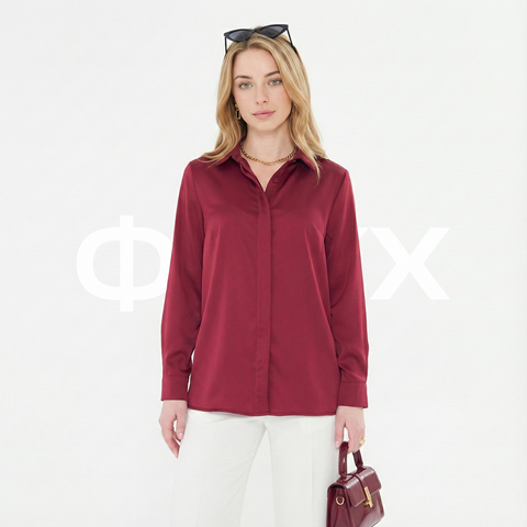 ФNYX Women’s Classic Satin Shirt – Long Sleeve Burgundy Blouse