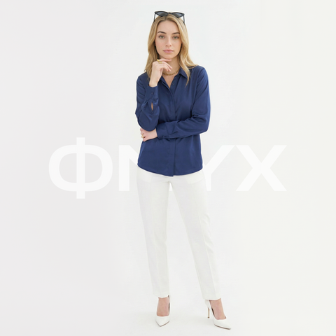 ФNYX Women’s Classic Satin Shirt – Long Sleeve Navy Blouse