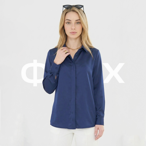 ФNYX Women’s Classic Satin Shirt – Long Sleeve Navy Blouse