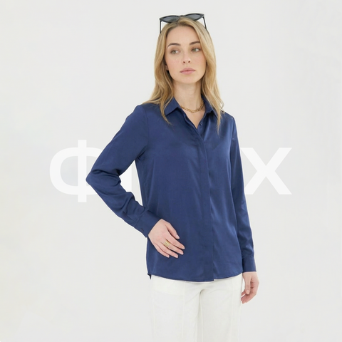 ФNYX Women’s Classic Satin Shirt – Long Sleeve Navy Blouse