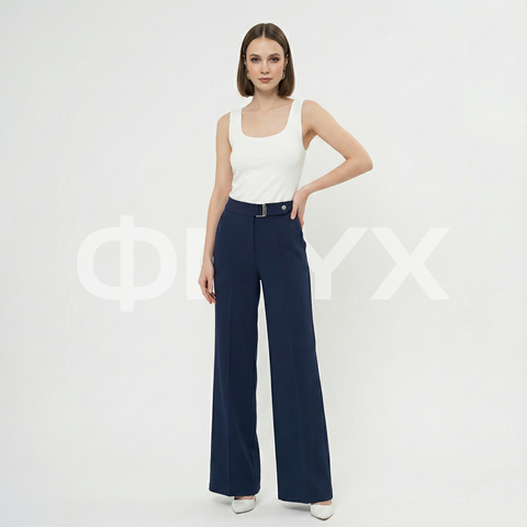 ФNYX Women’s Buckle Detail Wide-Leg Trousers – High-Waist Palazzo Pants (Navy Blue)