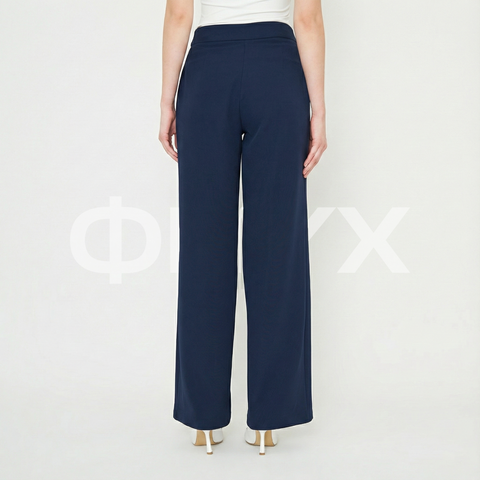 ФNYX Women’s Buckle Detail Wide-Leg Trousers – High-Waist Palazzo Pants (Navy Blue)