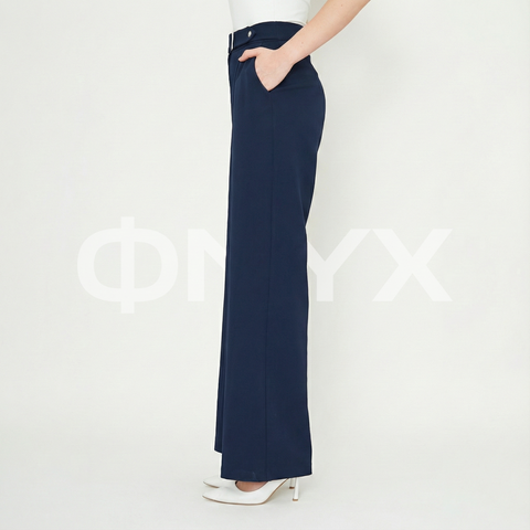 ФNYX Women’s Buckle Detail Wide-Leg Trousers – High-Waist Palazzo Pants (Navy Blue)
