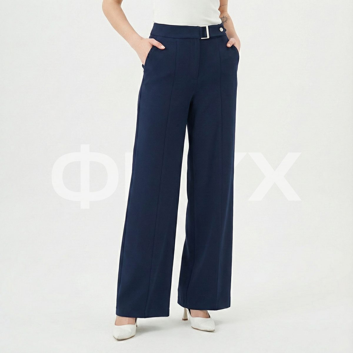 ФNYX Women’s Buckle Detail Wide-Leg Trousers – High-Waist Palazzo Pants (Navy Blue)