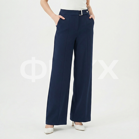 ФNYX Women’s Buckle Detail Wide-Leg Trousers – High-Waist Palazzo Pants (Navy Blue)