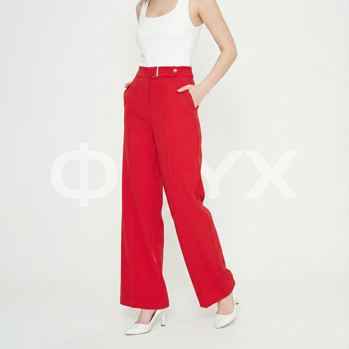 ФNYX Damen-Hose mit Schnallendetail und weitem Bein – Palazzo-Hose mit hohem Bund (Rot)