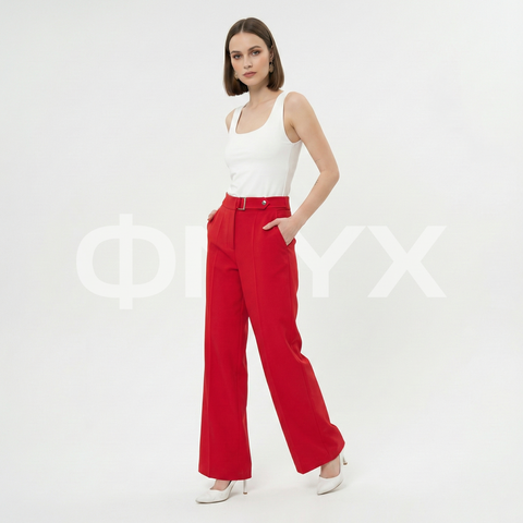 ФNYX Damen-Hose mit Schnallendetail und weitem Bein – Palazzo-Hose mit hohem Bund (Rot)