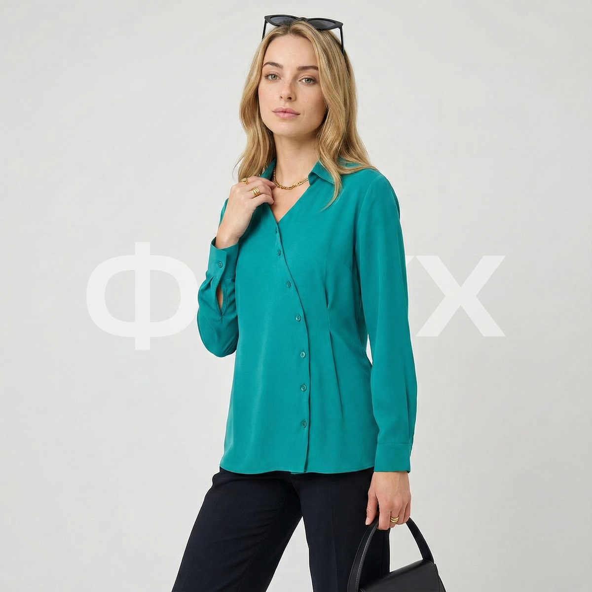 ФNYX Damenhemd mit asymmetrischen Falten – Langärmliges Hemd mit Knopfleiste (Grün)