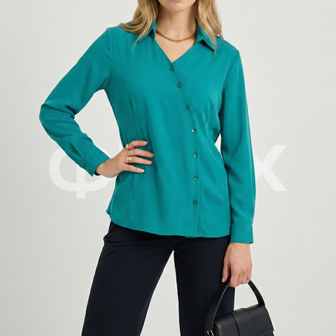 ФNYX Damenhemd mit asymmetrischen Falten – Langärmliges Hemd mit Knopfleiste (Grün)