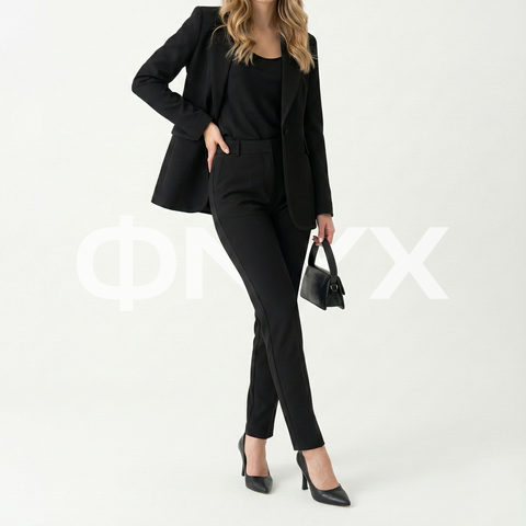 ФNYX Damen-Kostümset mit Satinbesatz – gefütterter Blazer &amp; Hose mit hohem Bund (Schwarz)