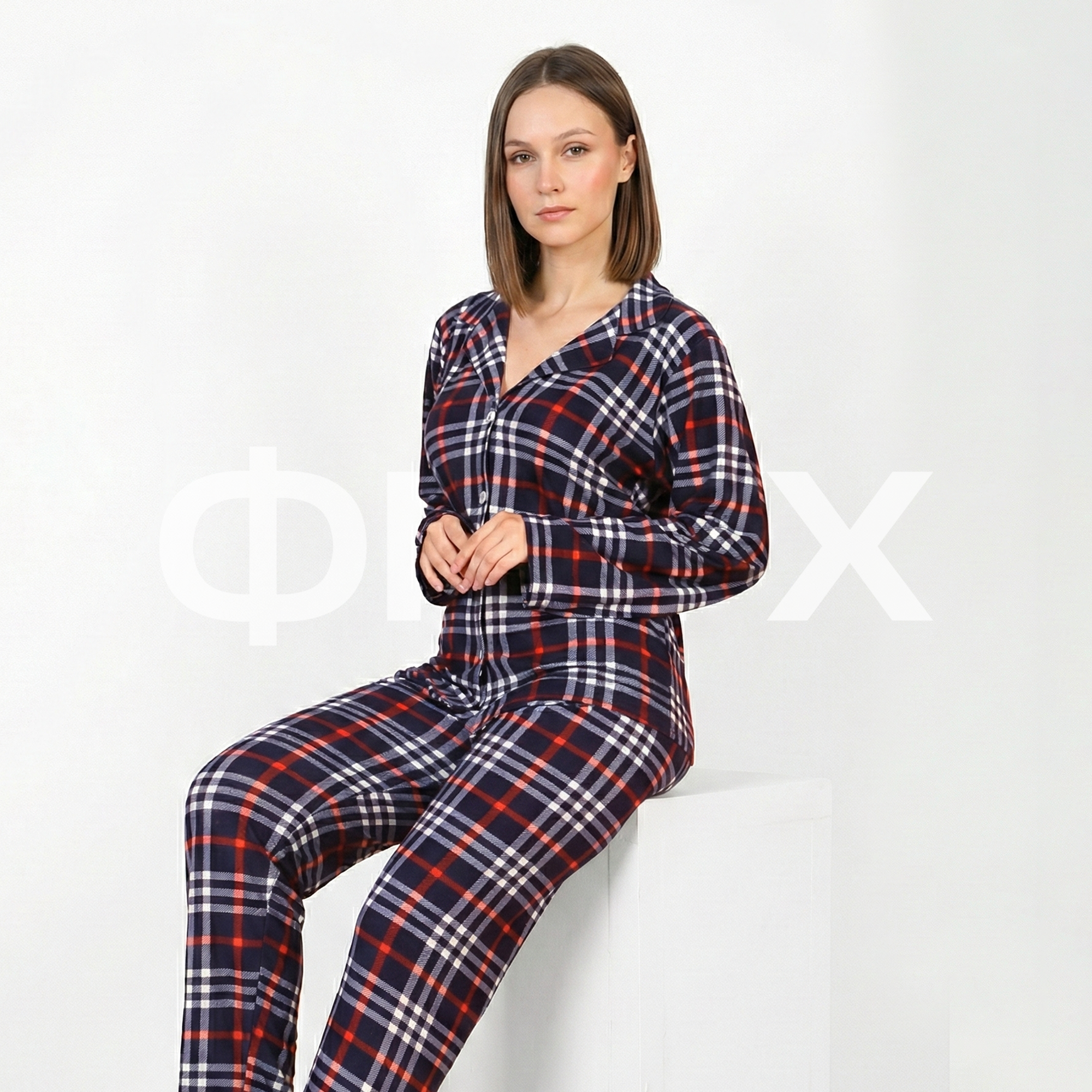ФNYX Women’s Plaid Pajama Set M–XXL – Navy Blue & Red White Plaid