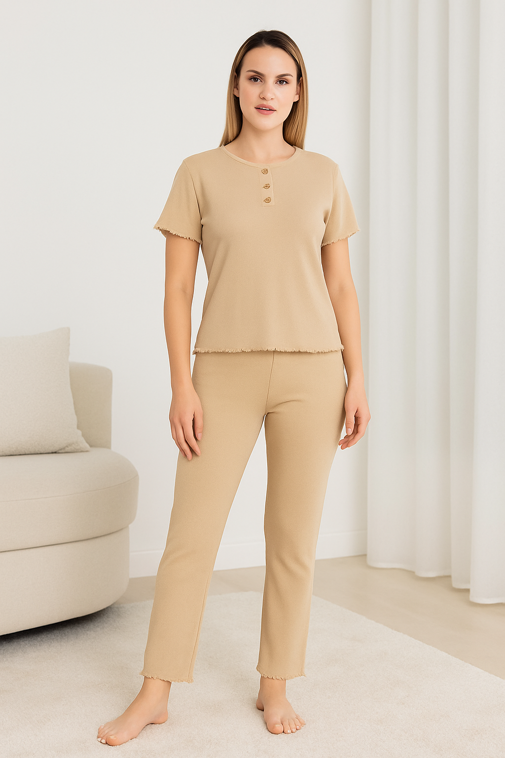 Women’s Beige Ribbed Loungewear Set – Onyx Sleepwear